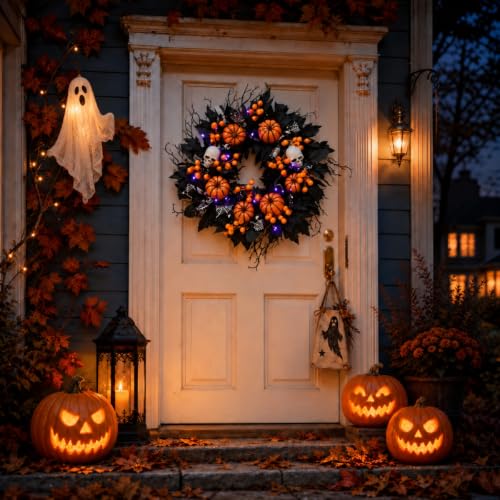 20-Inch Halloween Wreath with Purple LED Lights for Front Door - Spooky Outdoor Decor