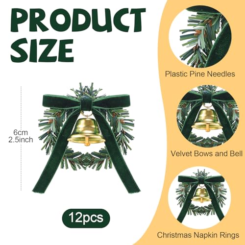 Christmas Napkin Rings with Velvet Bows, Bell & Pine Wreath - Green, 12 Pack