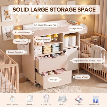 Baby Changing Table with Waterproof Pad & Storage Dresser - Beige