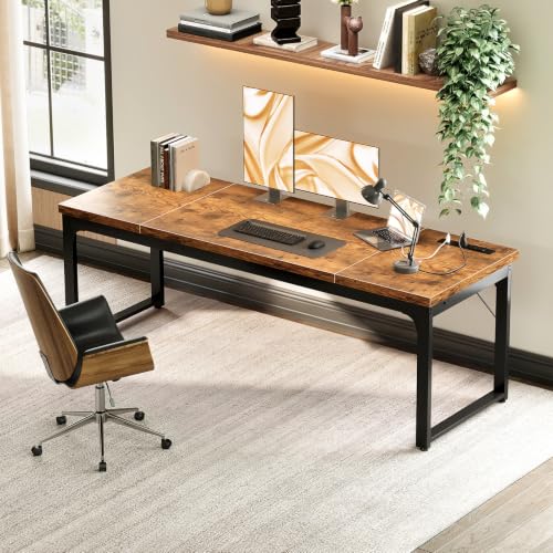 Long Computer Desk with Power Outlet - Rustic Brown, 71 Inch Heavy Duty Office & Gaming Table