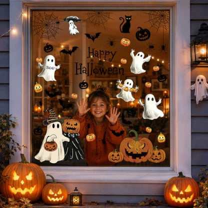 Halloween Window Clings - Classic Ghost & Pumpkin Design, Double-Sided, 45PCS, Removable Decorations for Home & Parties
