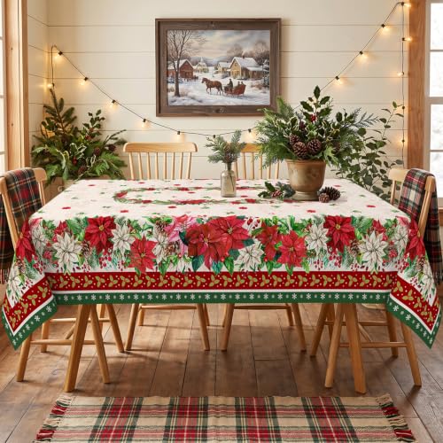 Christmas Poinsettia Flowers Rectangular Tablecloth 60 x 120 Inch Waterproof Washable Fabric