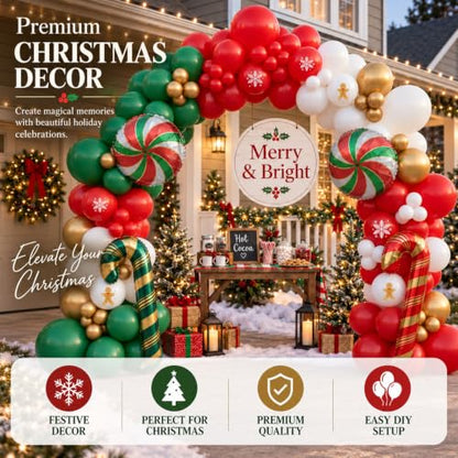 Christmas Balloon Arch Kit with Candy Cane & Peppermint Foil Balloons - Green Red Variation