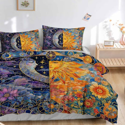 Queen Duvet Cover Set with Sun Moon Floral Mosaic - Celestial Microfiber Bedding