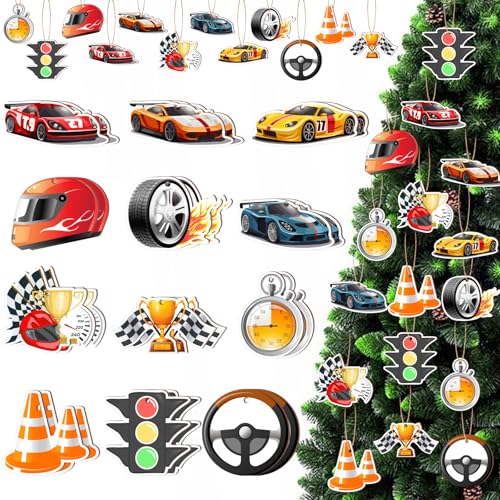 Wooden Race Car Holiday Ornaments Set - 24 Car-Themed Hanging Decor for Tree, Home & Party