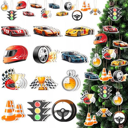 Wooden Race Car Holiday Ornaments Set - 24 Car-Themed Hanging Decor for Tree, Home & Party