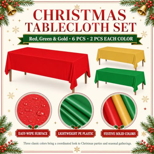 6 Pcs Christmas Plastic Tablecloths Set - Red Green Gold Variation