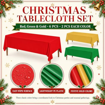 6 Pcs Christmas Plastic Tablecloths Set - Red Green Gold Variation