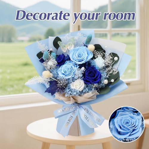 Blue Preserved Roses Bouquet - 6 Real Forever Flowers for Mother's Day, Birthday, Valentine's Day Gift