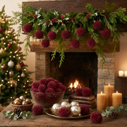 20 Pcs Burgundy Christmas Yarn Pom Poms - Fuzzy Holiday Decorations