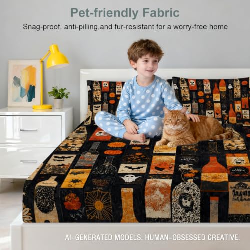 Halloween Fitted Sheet Set - Gothic Pumpkin Bottles, Cal King, Variation of Halloween Magic Bottle