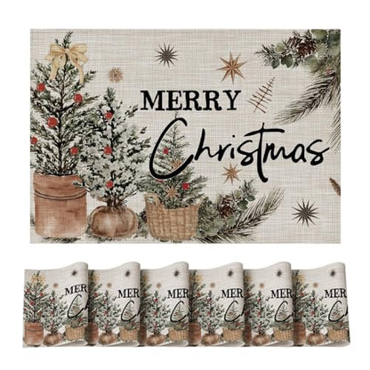 Christmas Placemats Set of 6 12x18 Inches Vinyl Holiday Table Mats - Beige