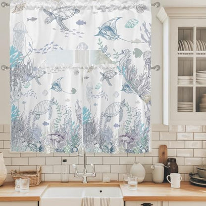 JasmineM 3 Piece Coastal Watercolor Kitchen Curtain Set - 27.5"W x 24"L