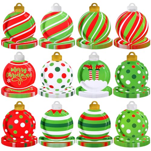 Christmas Disposable Plates Bulk Set - 120 Pcs 9 Inch Light Shaped Party Dinnerware with Variation Ornaments Ball