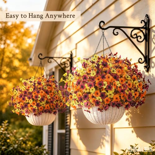 Fall Hanging Flower Baskets with Artificial Flowers - Outdoor Decor Set