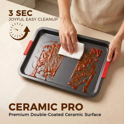 Nonstick Cookie Sheet Set of 3 - Carbon Steel Baking Pans with Lychee Handles, Gray Variation