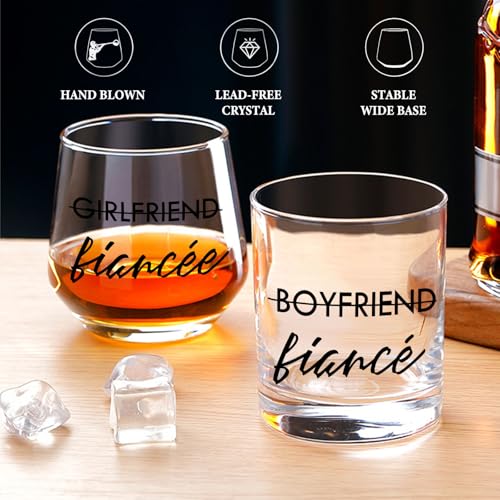 Engagement Gift Set for Couples - 10 oz Whiskey & 12 oz Wine Glasses - Fiancé and Fiancée Variation