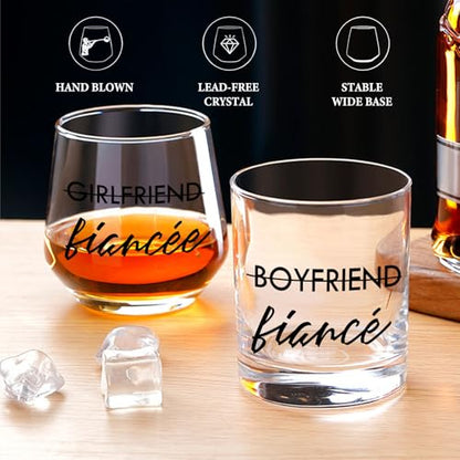 Engagement Gift Set for Couples - 10 oz Whiskey & 12 oz Wine Glasses - Fiancé and Fiancée Variation