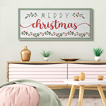 Christmas Floral Holiday Leaf Canvas Wall Art - 20x48 Inch with Merry Christmas Sign Variation