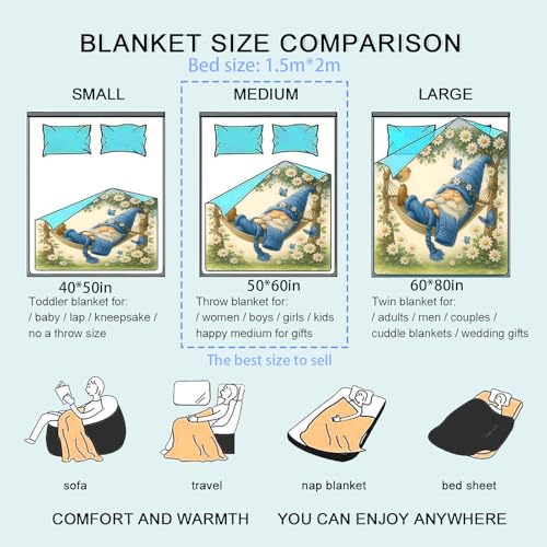 80x60 Inch Whimsical Sleeping Gnome Flannel Blanket Garden Daisy Butterfly Bird Throw - Light & Soft