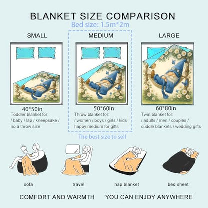 80x60 Inch Whimsical Sleeping Gnome Flannel Blanket Garden Daisy Butterfly Bird Throw - Light & Soft
