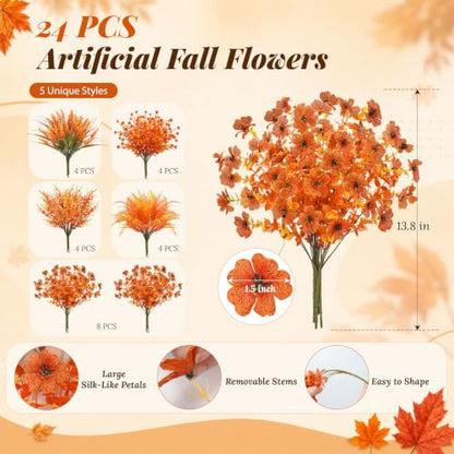 Fall Flowers Artificial Bouquet 24Pcs Autumn Decor Mixed Stems - Fall Harvest Mix
