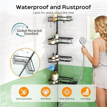 HAMITOR Shower Caddy - 4-Tier Rustproof Bathroom Organizer with Soap Holder & Hooks | Adjustable No-Drill Design - 47-123 Inch Black
