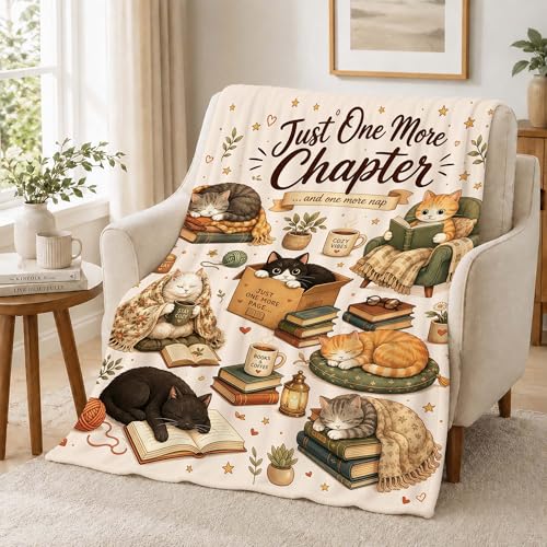 Book Lover Cat Flannel Blanket Reading Gift for Women Beige 80 x 60 inches