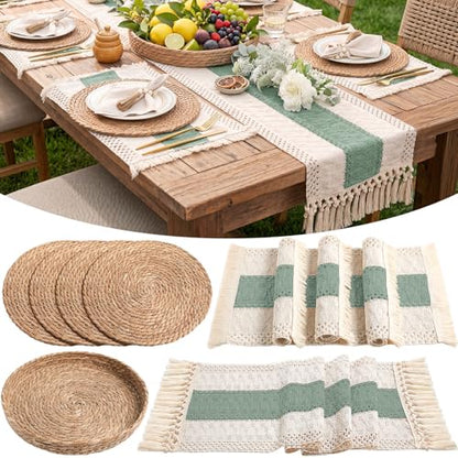 Boho Green Table Runner and Placemats Set of 4 - Sage Green, 12x72