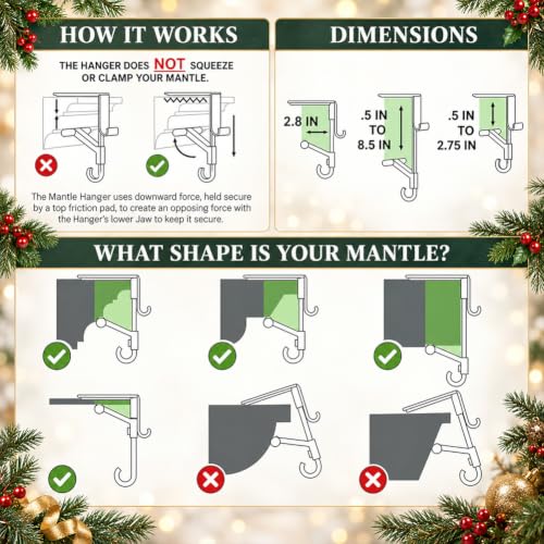 Black 3PCS Adjustable Garland & Stocking Hangers for Fireplace Mantle - Heavy Duty Over Door Hooks