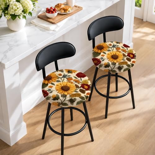 Sunflower Floral Round Stool Cover 12-15 Inch Fits Bar & Kitchen Seats - 2PCS