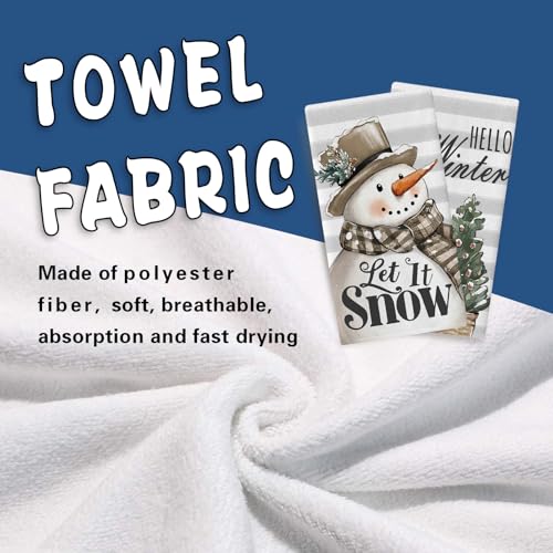 Hello Winter Snowman Kitchen Dish Towels Set of 2 - Festive Farmhouse Decor