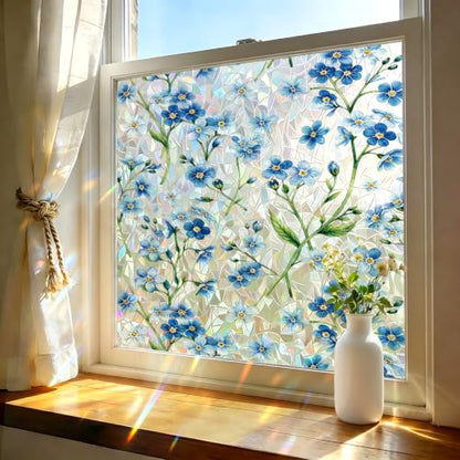 Stained Glass Window Privacy Film Blue 17.7 x 78.7 in - Vintage Floral Pattern