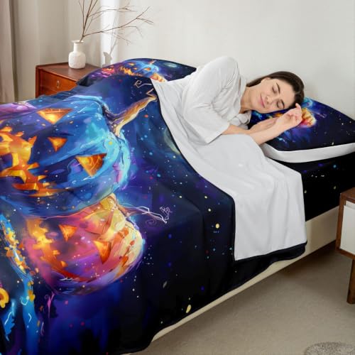 Neon Glow Pumpkin Bed Sheets Set King Size Kids Boys Girls - Blue Orange Black Variation