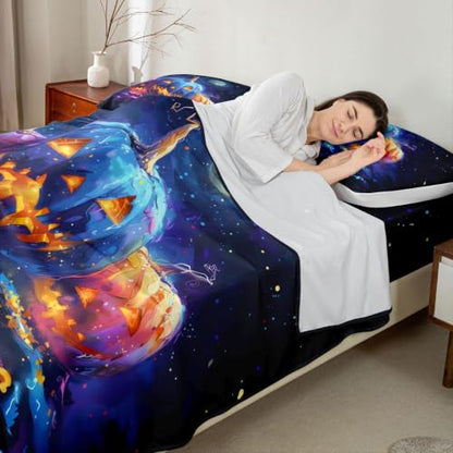 Neon Glow Pumpkin Bed Sheets Set King Size Kids Boys Girls - Blue Orange Black Variation