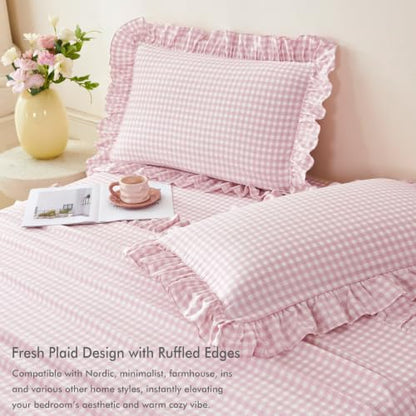 Pink Gingham Ruffle Sheet Set for Girls, Full Size - 4 Pieces Variation of Pink Gingham / Full