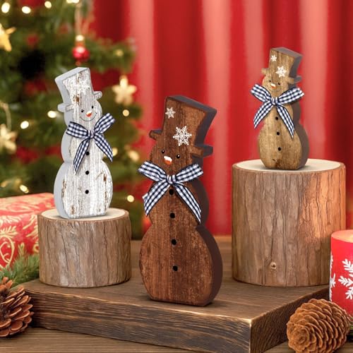 Christmas Snowman Table Decor Signs - 3 Pcs Rustic Wooden Holiday Signs - Farmhouse Winter Decorations - Snowman Centerpiece