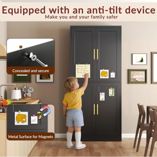 Black 71-Inch Metal Pantry Cabinet with 4 Doors & Adjustable Shelves