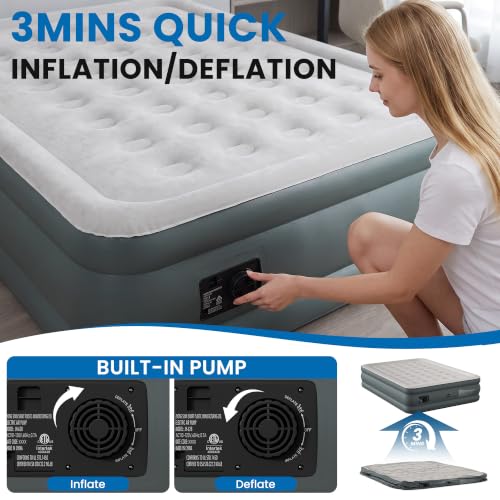 Queen Air Mattress with Built-In Pump - 18 Inch Raised Inflatable Bed for Camping & Home (Grey)