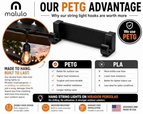 Mirador-Compatible Pergola String Light Clips - Black, 15 Pack - No-Drill, No Adhesive