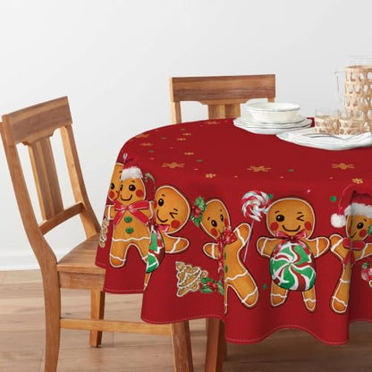 Christmas Tablecloth 90x90 Inch Round Red Cartoon Gingerbread Stars Washable Party Decor