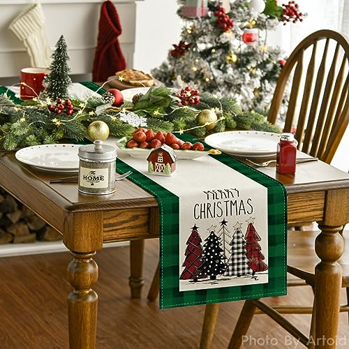 Green Buffalo Plaid Xmas Tree Table Runner Set of 2 13x72 Inches Seasonal Holiday Decor