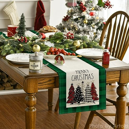 Green Buffalo Plaid Xmas Tree Table Runner Set of 2 13x72 Inches Seasonal Holiday Decor