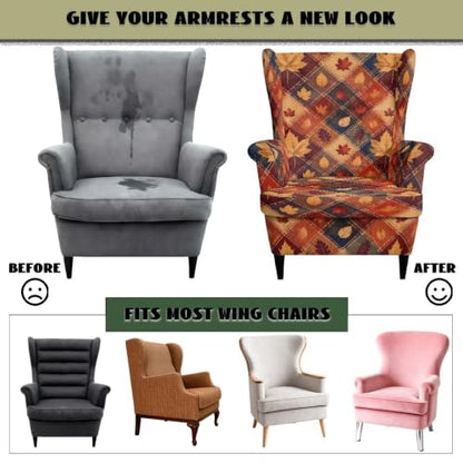 Fall Plaid Maple Leaves Wing Chair Cover 2-Piece Non-Slip Protector
