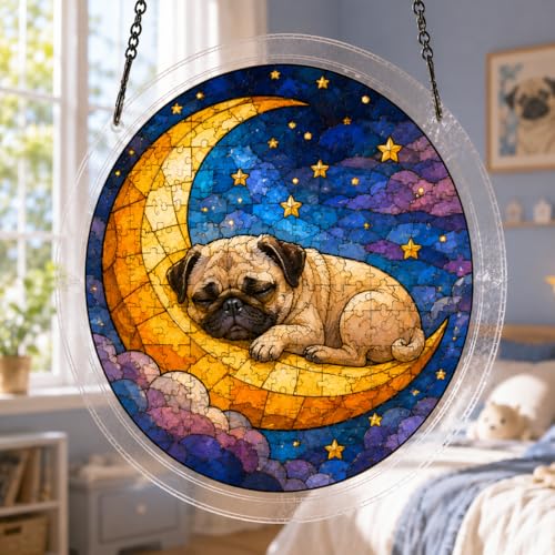 Starry Night Pug Suncatcher Puzzle - Crescent Moon Acrylic Art, 7.4 Inch Variation of this listing