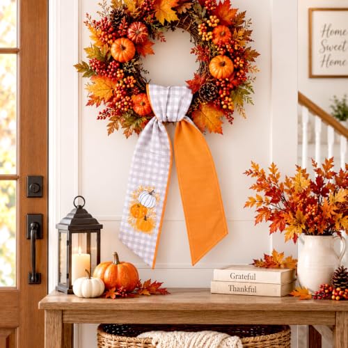Fall Wreath Sash for Front Door - Gray White Plaid Pumpkin Decor