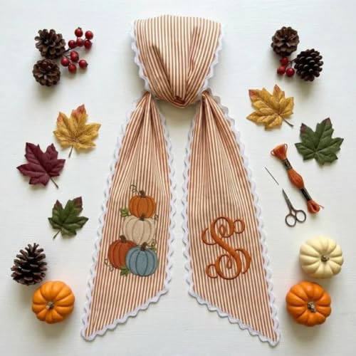 Personalized Fall Wreath Sash with Monogram, Pumpkin & Sage Stripe - Pumpkin Fall