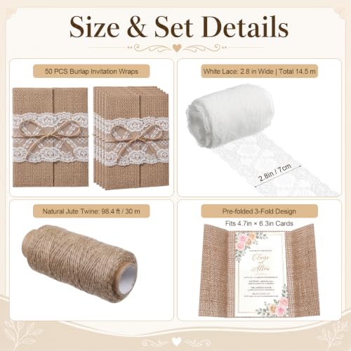 50-Piece Rustic Burlap Wedding Invitation Jackets with Lace & Rope Kit