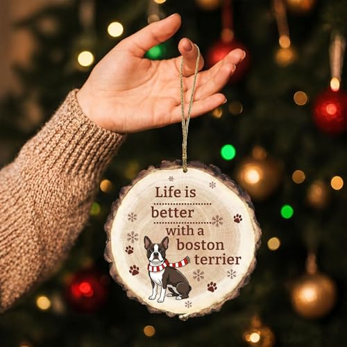 Dog Christmas Ornament - Wooden Boston Terrier Holiday Decor for Tree
