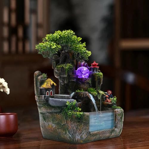 LED Desktop Fountain Waterfall Bonsai Decor with Light & Mist